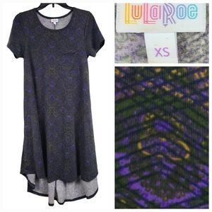 LuLaRoe Carly Dress XS (2/4) Green Diamonds Soft Knit Swing Midi Pocket Hi-Low